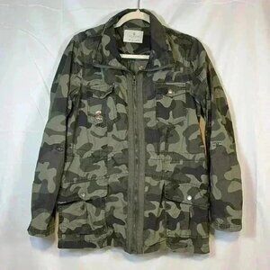 JADE & IVORY WOMENS CAMO JACKET EMBROIDERED BACK FULL ZIP CINCHABLE WAIST SIZE L